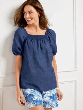Blue Indigo Linen Puff Sleeve Square-Neck Blouse